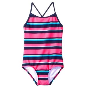 Kanu Surf. Girls Bridget One Piece Swimsuit. Pink & Navy Stripes. Size 14. NWT.